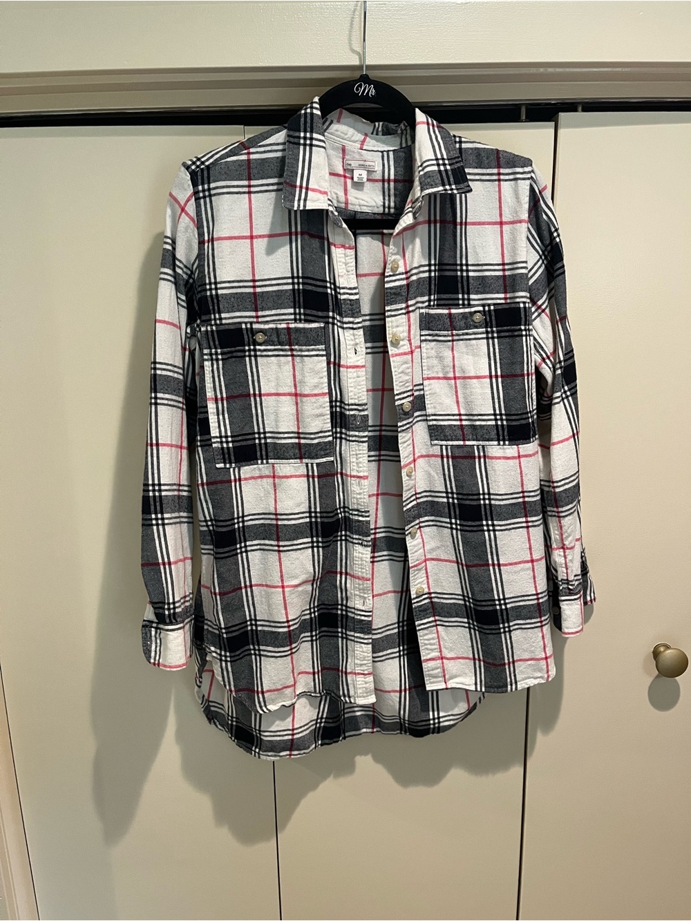 GAP Women’s Navy and White Flannel Shirt with Pink Lines